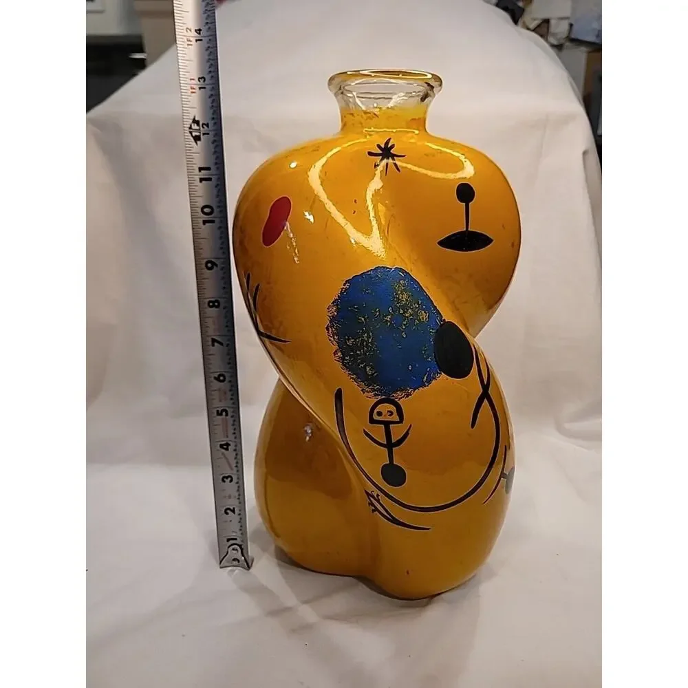 Joan Miro Style Art Deco Vintage Large Hand Painted Abstract Bulbous Glass Vase